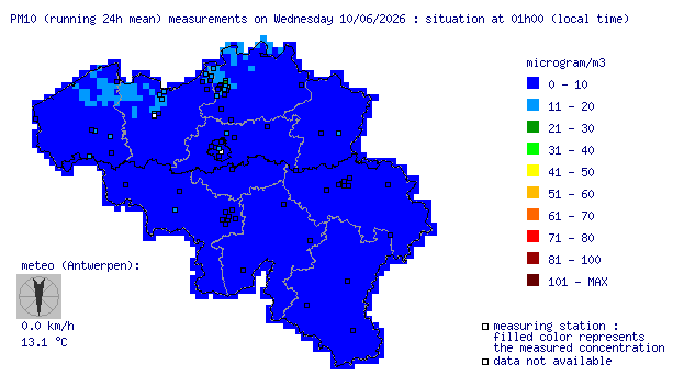 Concentration de polution dans l'air en Belgique pour le      Jeudi 11 mars 2010
