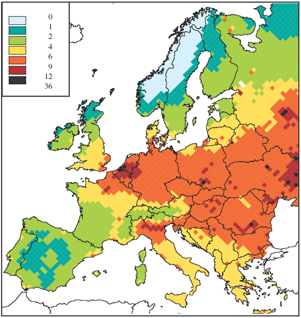 verlies aan levensverwachting door PM2.5 uitgedrukt in maanden (prognose voor 2010). Deze inschatting is gebaseerd op modelresultaten, niet op metingen!